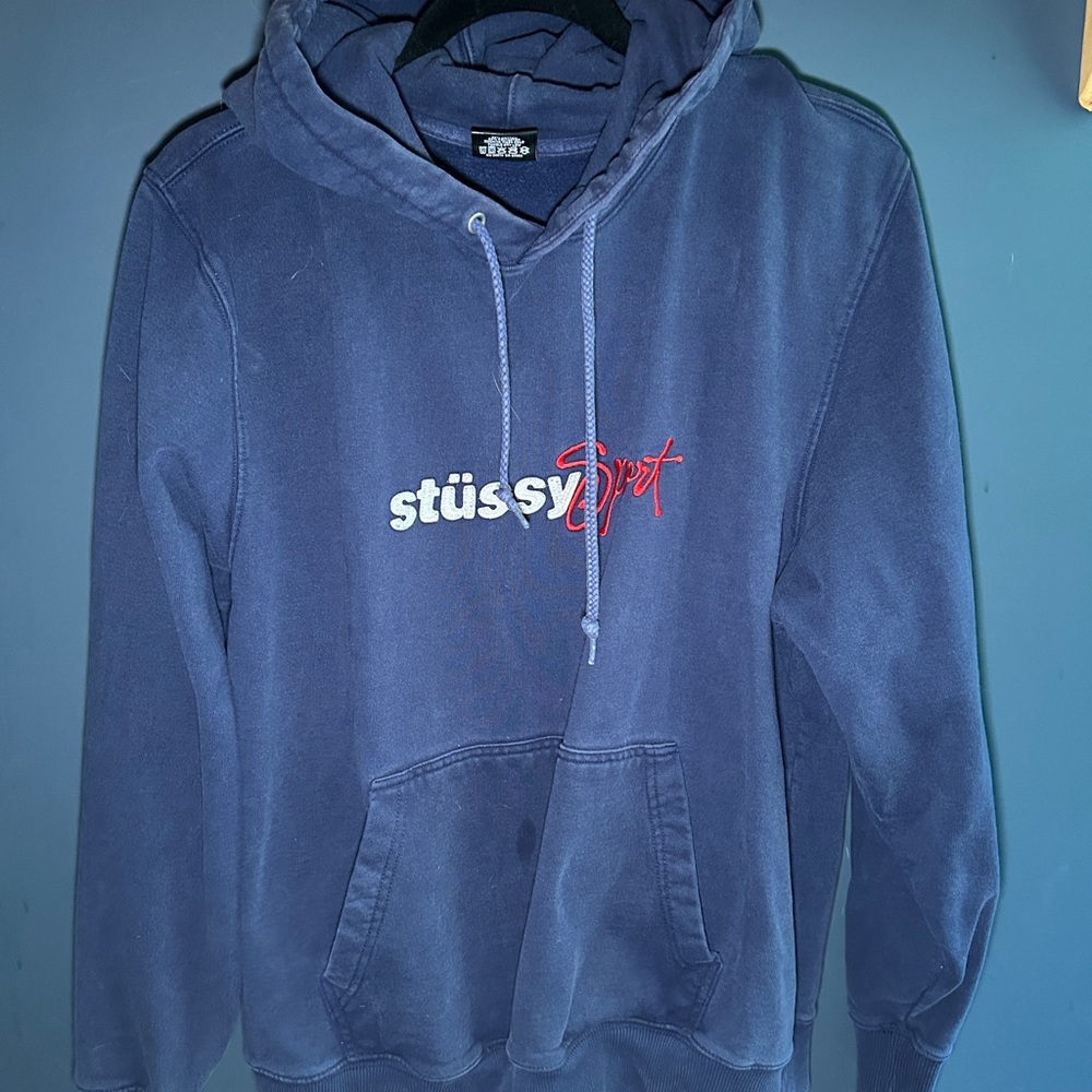 Stussy Navy Hoodie with Red & White Script